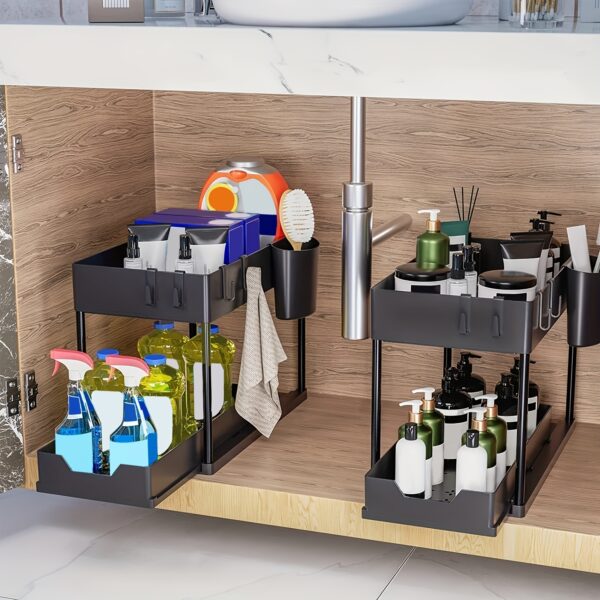 1pc 2-Tier Sliding Under Sink Organizer with Hooks, Plastic Cabinet Basket Storage Drawers for Bathroom Kitchen, Space Saver Bottom Shelf, Under Sink Organizers And Storage