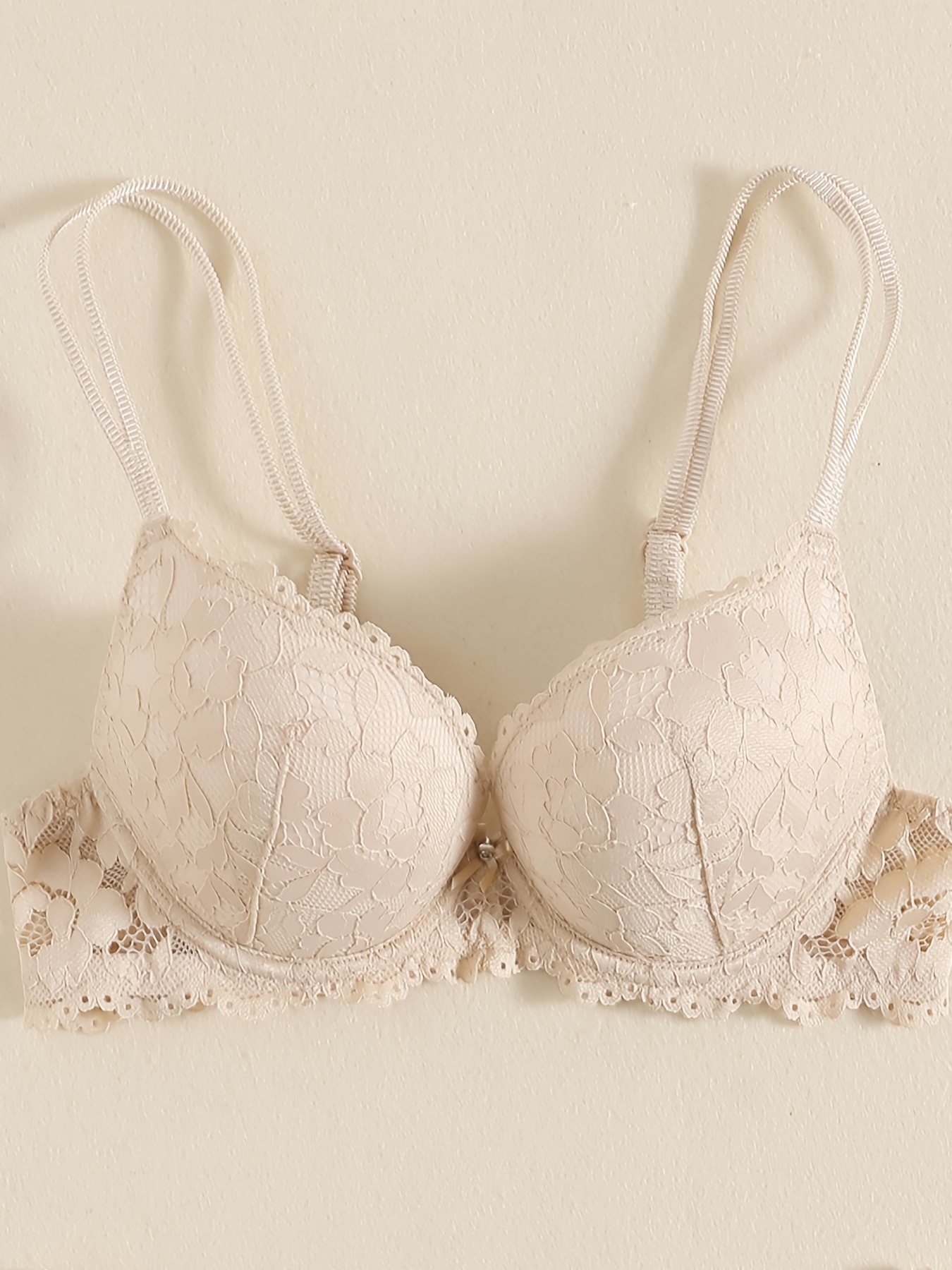 Lace Mesh Hollow Everyday Bra, Comfort & Mature Double Strap Thick Cup Push Up Intimates Bra, Women's Lingerie & Underwear