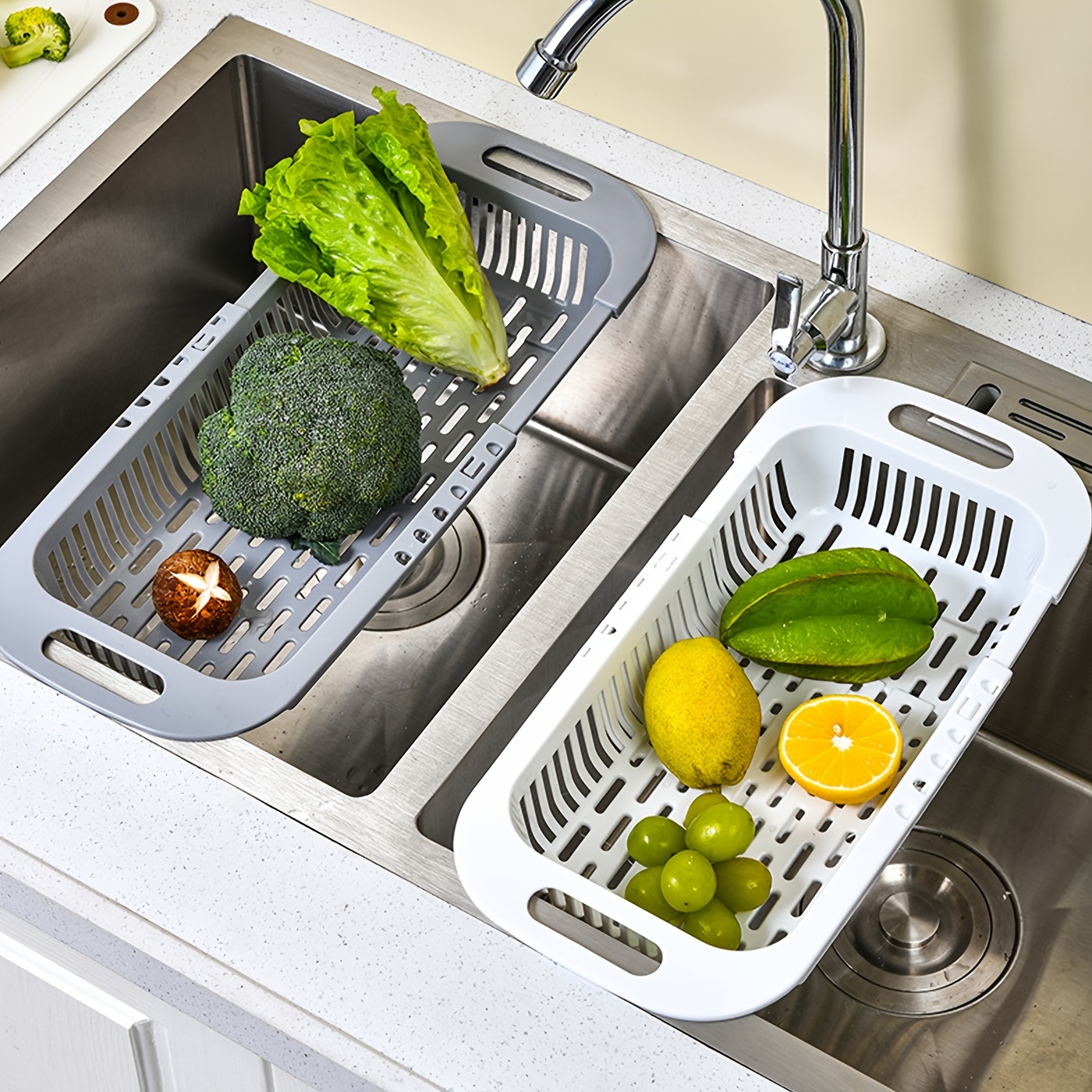 1pc Retractable Drain Rack - Kitchen Basket For Vegetables And Dishes, Plastic Dish Rack With Filter Basket - 34.29cm/18.29cm/6.35cm - Easy To Clean And Store