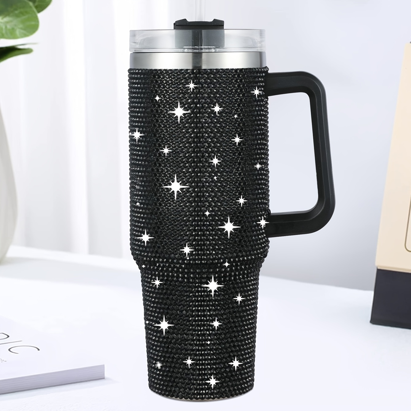 1pc Shiny Rhinestone 40 Oz Tumbler With Handle, Stainless Steel Insulated Travel Coffee Mug Double Wall Leak Resistant Vacuum Tumbler With Straw Portable Tumbler, Summer Drinkware, Home Kitchen Items, Birthday Gifts Back To School Supplies