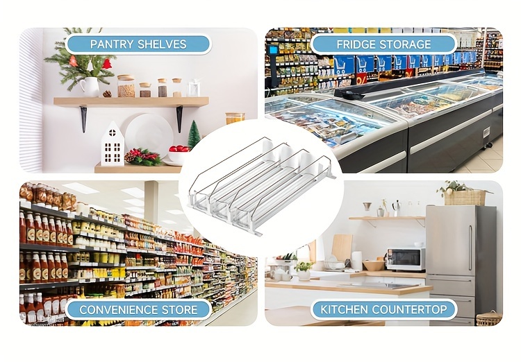 White Bar Refrigerator Beverage Organizer with Dual-Level Dividers and Soda Can Dispenser - Space-Saving Design for Easy Access to Cans and Bottles, Beverage Storage|Modern Beverage Holder|Durable Plastic