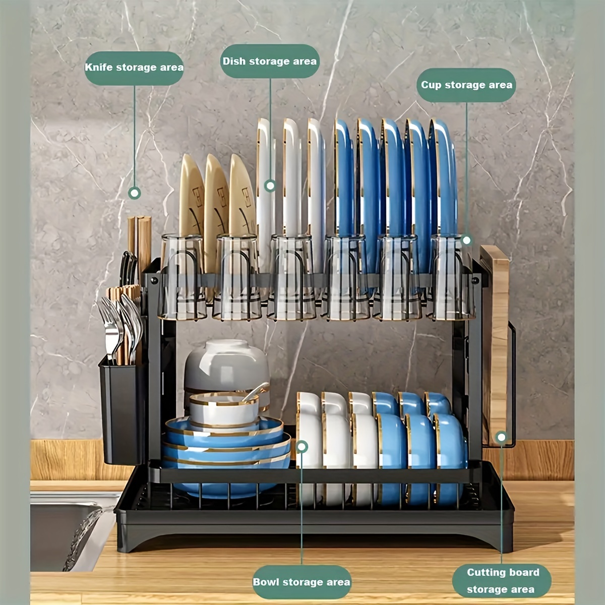 2-in-1 Detachable Dish Rack with Drainboard - Carbon Steel Kitchen Organizer for Dishes, Cutting Boards & Utensils - Space-Saving Storage Solution, Black & White, Sticky Board, Cutlery Rack, Kitchen Accessories