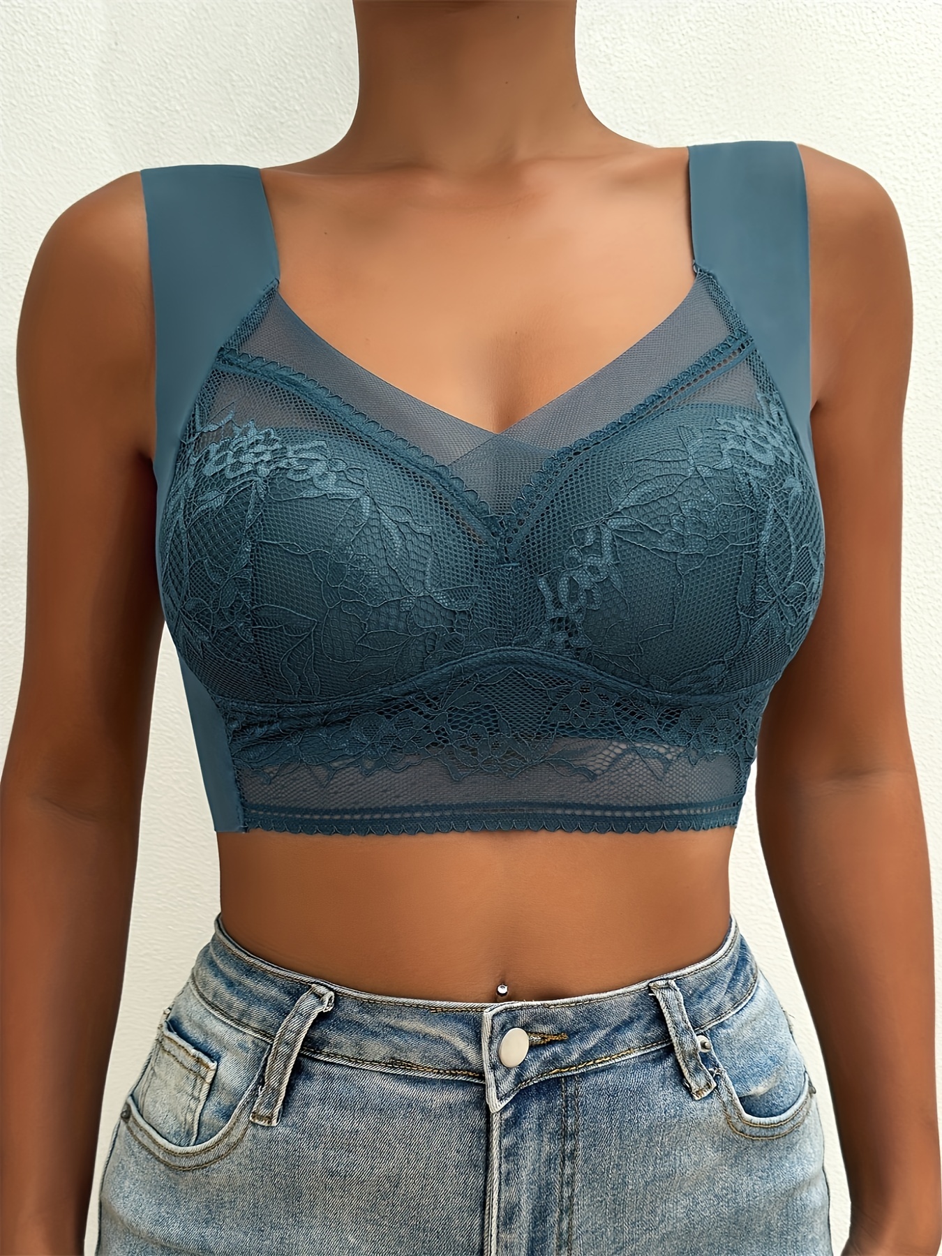 3pcs Contrast Lace Wireless Bras, Comfy & Breathable Push Up Bra, Women's Lingerie & Underwear