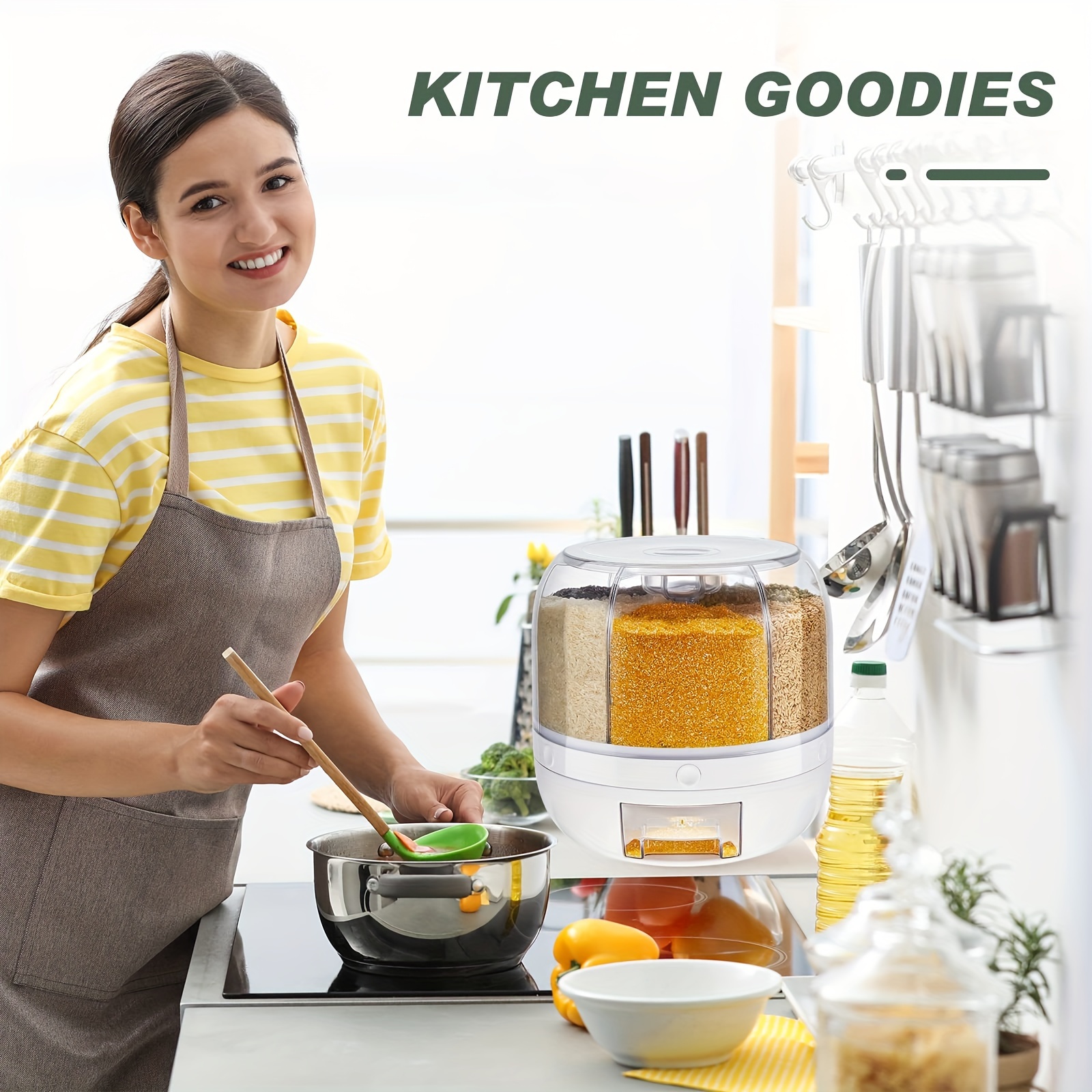 1pc Rotating Rice Bucket, Multi-grid Large Capacity Cereal Storage Container, Moisture-proof Sealed Storage Containers For Rice, Cereals, Grains, Flours, Dog Food, Pet Food, Household Airtight Rice Dispenser, Home Kitchen Supplies