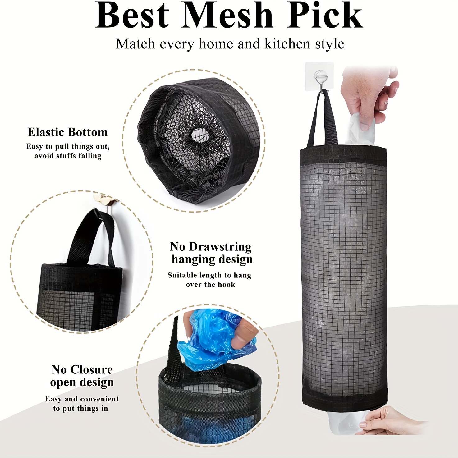 1pc Foldable Mesh Grocery Bag Holder, Breathable Plastic Bag Dispenser, Kitchen Garbage Bag Organizer with Hanging Storage - Image 6