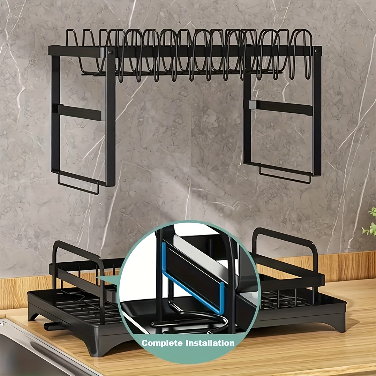 2-in-1 Detachable Dish Rack with Drainboard - Carbon Steel Kitchen Organizer for Dishes, Cutting Boards & Utensils - Space-Saving Storage Solution, Black & White, Sticky Board, Cutlery Rack, Kitchen Accessories