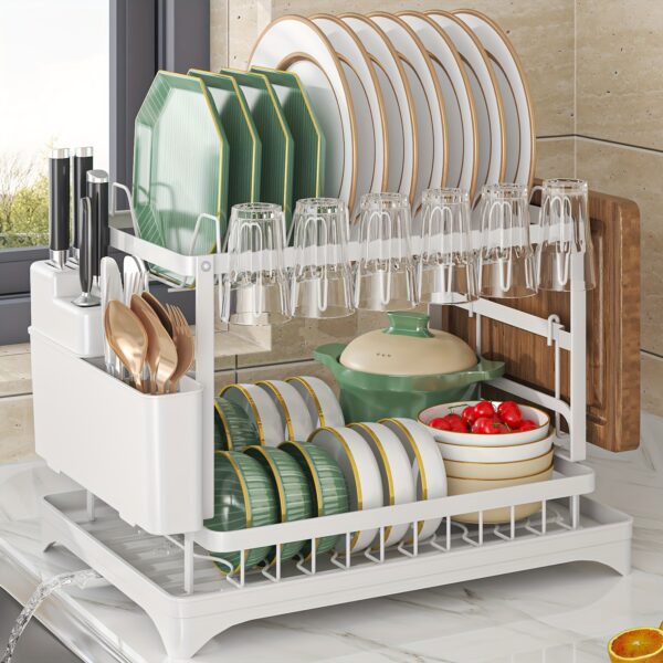 2-Tier Rustproof Dish Drying Rack with Drainboard & Utensil Holder - Durable Plastic & Metal Kitchen Counter Organizer for Dishes, Cups, and Utensils - Space-Saving Design for Modern Kitchens, Dish Drying Rack for Kitchen Counter