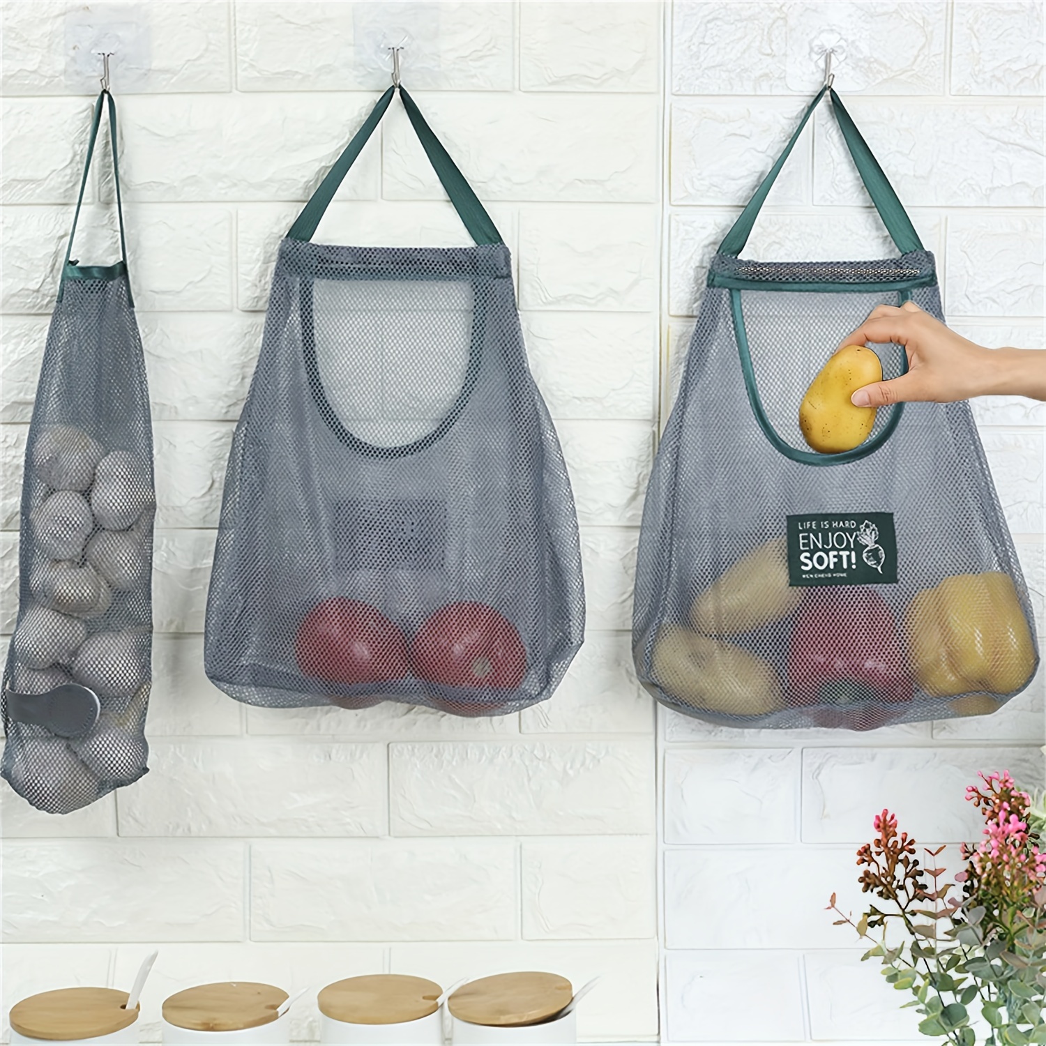 Durable & Strong Hanging Mesh Storage Bags - Perfect for Storing Garlic, Potatoes, and Onions! Kitchen Accessories