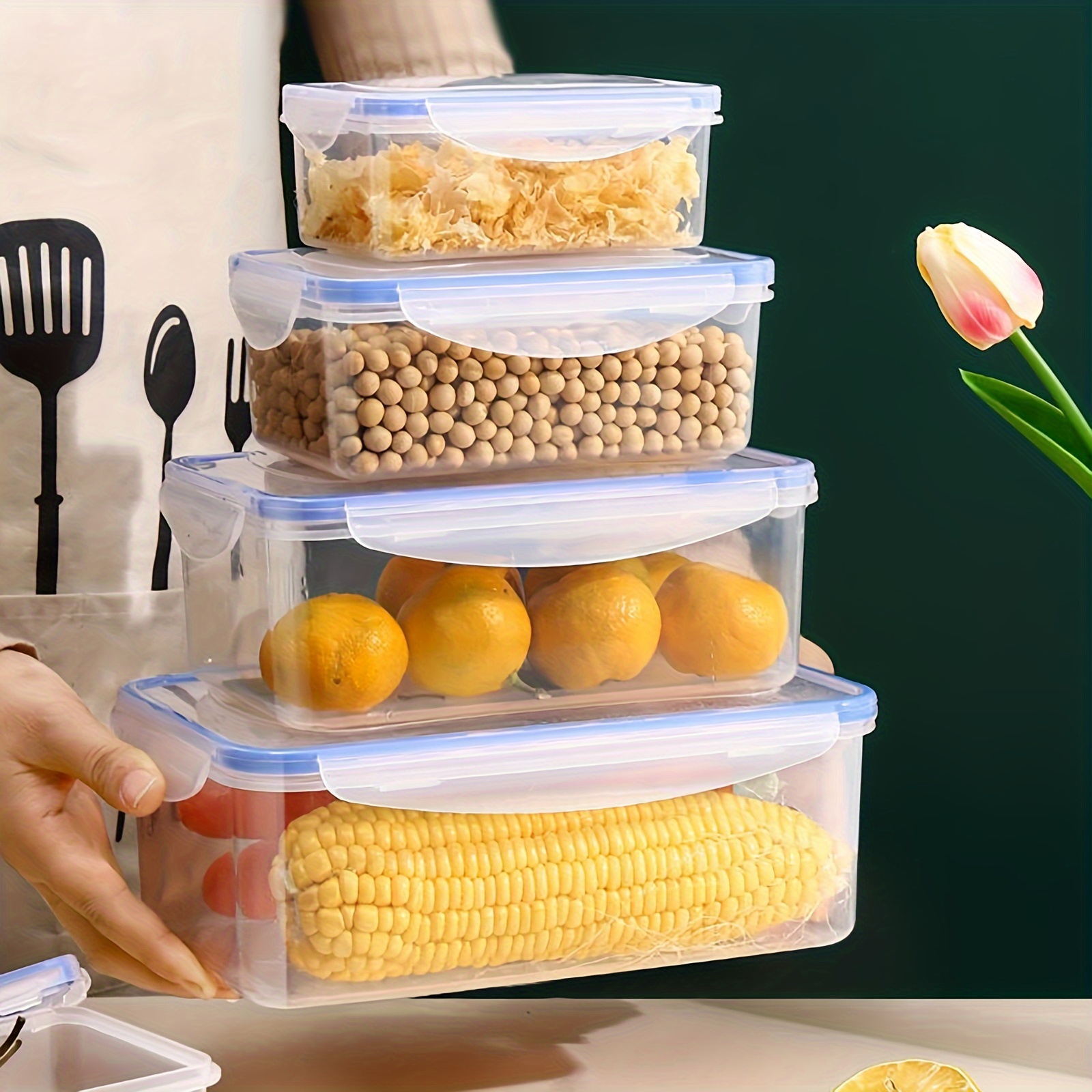 1pc, Transparent Food Storage Box, Plastic Storage Box, Moisture-proof Grain Storage Box, Large Storage Containers, Kitchen Refrigerator Storage Box, Food Airtight Container, Thickened Food Sealing Box, Microwave Safe, Home Kitchen Accessories