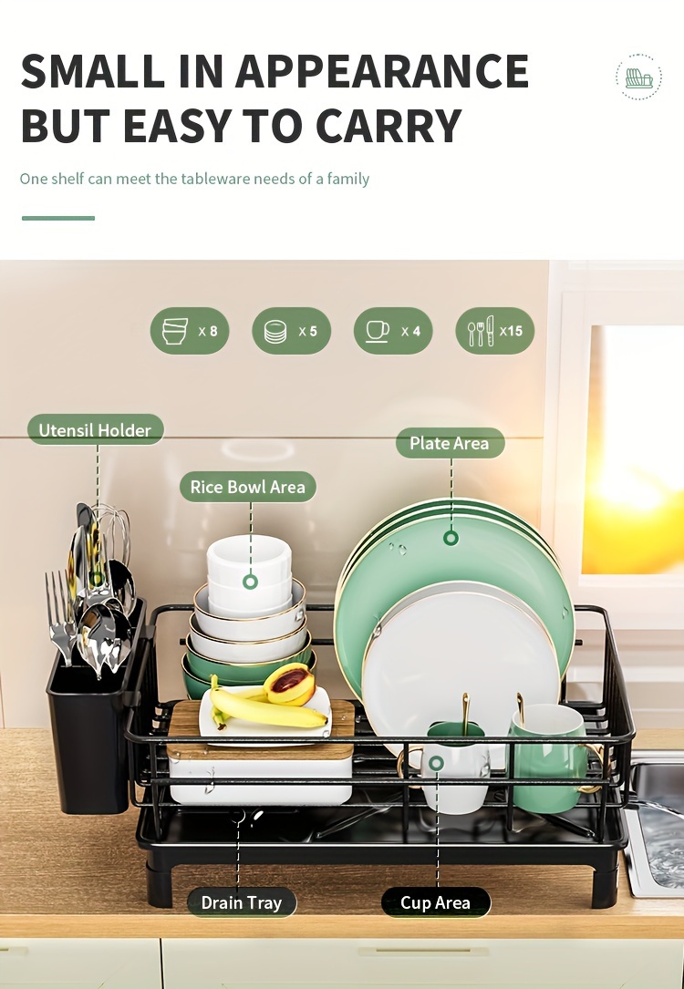 1pc Dish Drying Rack With Cutlery Holder And Drainboard For Kitchen Counter, Dish Drainer With Knife And Fork Holder, Easy Installation, Kitchen Organization, Balck