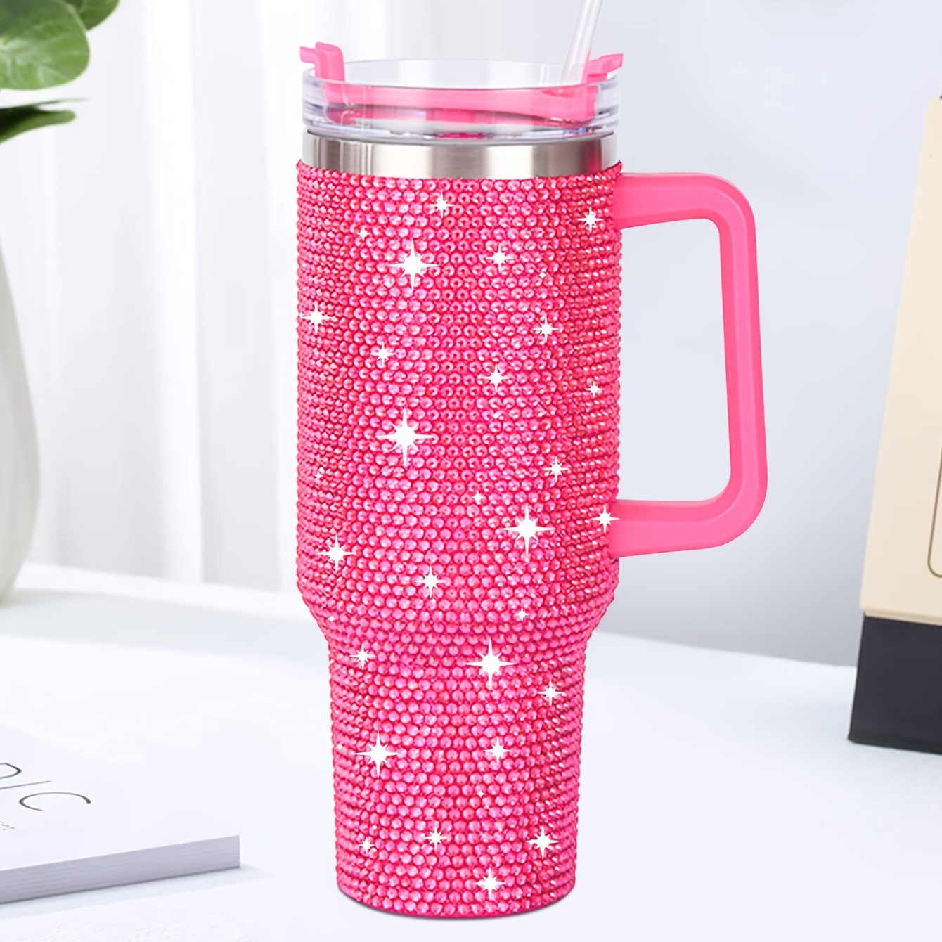 1pc Shiny Rhinestone 40 Oz Tumbler With Handle, Stainless Steel Insulated Travel Coffee Mug Double Wall Leak Resistant Vacuum Tumbler With Straw Portable Tumbler, Summer Drinkware, Home Kitchen Items, Birthday Gifts Back To School Supplies