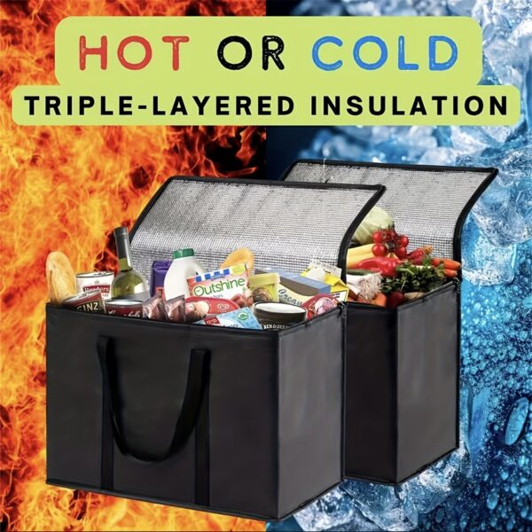 XL/Large Black Insulated Grocery Tote - Keeps Food Hot & Cold for Hours, Reusable Soft Cooler Bag with Sturdy Zipper, Lightweight & Durable for Outdoor Camping, Deliveries & More