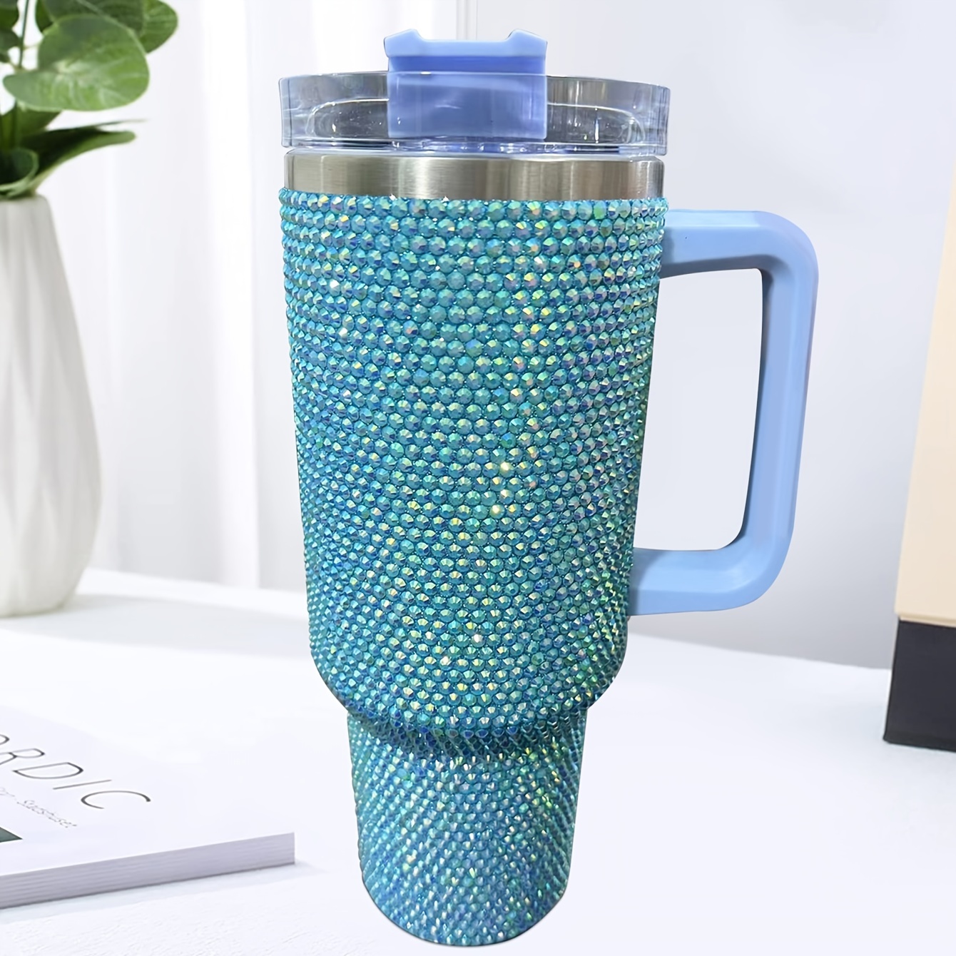 1pc Shiny Rhinestone 40 Oz Tumbler With Handle, Stainless Steel Insulated Travel Coffee Mug Double Wall Leak Resistant Vacuum Tumbler With Straw Portable Tumbler, Summer Drinkware, Home Kitchen Items, Birthday Gifts Back To School Supplies