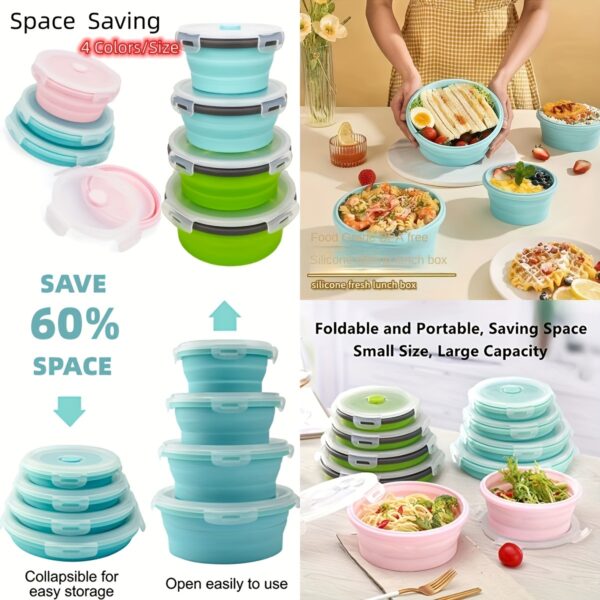 1pcs Leak-proof Round Silicone Food Storage Container With Lid - Foldable Lunch Box For Kitchen And Camping - Microwave And Freezer Safe