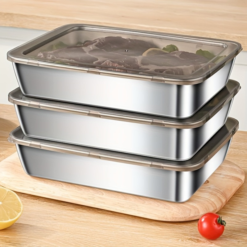 2/3pcs Durable Stainless Steel Food Storage Containers Set - Leak-Proof, BPA-Free, Microwave & Freezer Safe, Shatterproof, Multipurpose Flip Top Rectangular Kitchen Organizers for Fridge & Pantry - Image 2