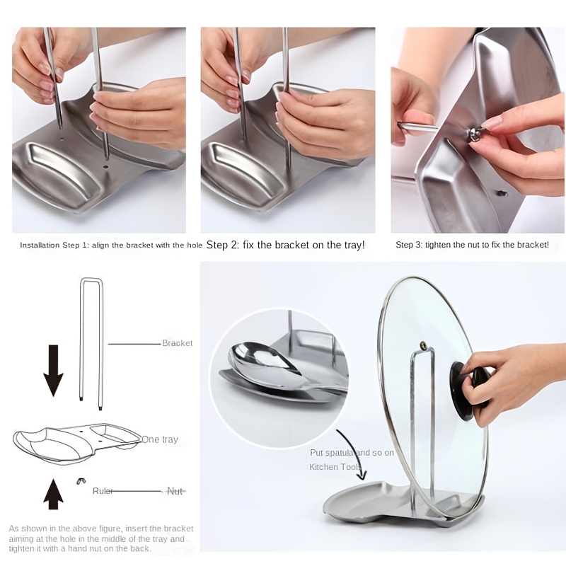 1pc Stainless Steel Pot Lid Rack Shelf with Drain Tray Bracket - Free Punching Soup Spoon Rack with Removable Shelf - Kitchen Accessories for Easy Pot Cover Storage and Drainage