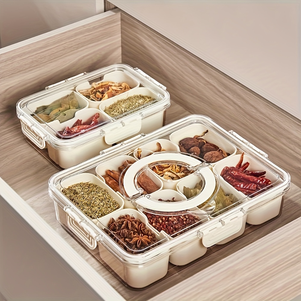 1pc Divided Serving Tray with Lid & Handle - Portable Plastic Veggie Tray, Party Platter, Food Storage Container Box with 8 Compartments for Candy, Fruits, Nuts, Snacks, Picnic, BBQ Condiments Storage | Rectangular Shape | Reusable Container