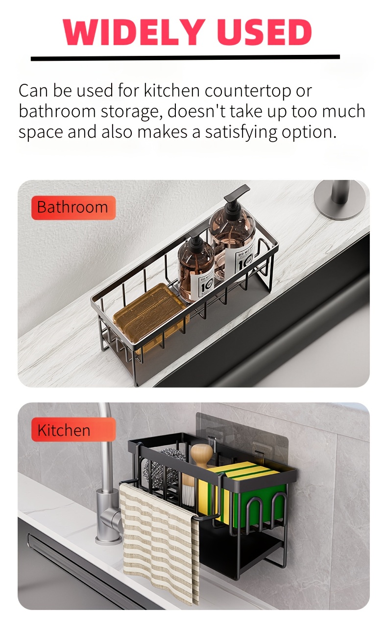 Versatile Kitchen Sink Organizer with Towel Rack - Metal Sponge Holder, Dish Soap Caddy & Self-Draining Tray - Black and White