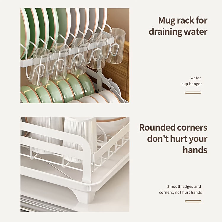 1pc Dish Drying Rack Drainboard, Large 2 Tier Metal Dish Racks with Drainage, Glass Holder, Utensil Holder and Extra Drying Mat, Dish Drainers for Kitchen Counter, Black, White& Grey