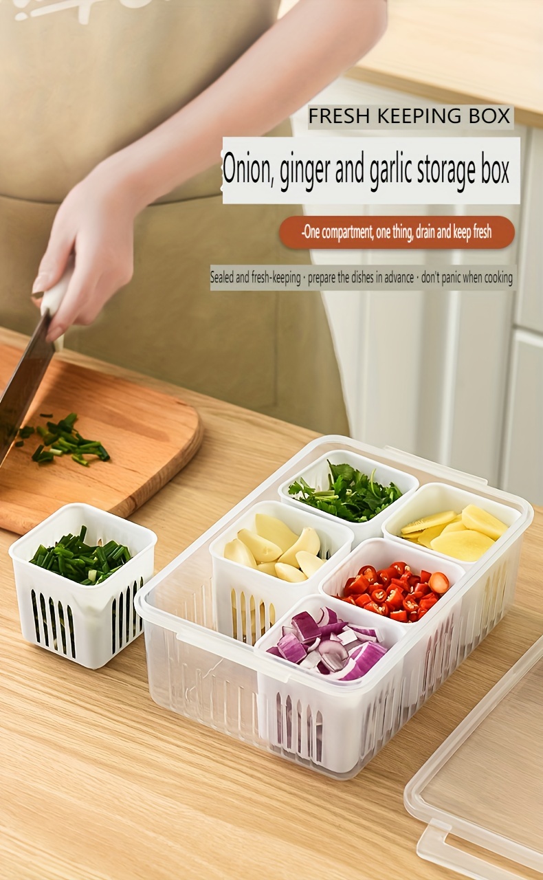 A 6-In-1 Kitchen Storage Box for Onions, Ginger, And Garlic, a Refrigerator Fresh-Keeping Box, And a Fruit Food Draining Box.