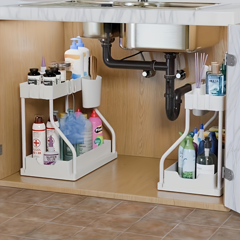 Two-Tier Black And White Under-Sink Storage Organizer with Sliding Drawers, Suitable for Various Uses in The Bathroom Or Kitchen.