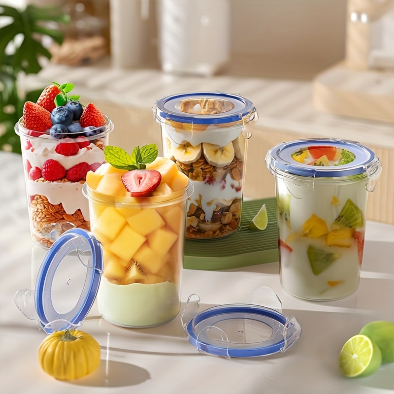 4pcs oat container, with blue sealing ring for leakage prevention, microwave-safe, reusable storage tank, suitable for kitchen coarse grain jars such as yogurt and fruit salad, ideal choice for breakfast and snacks