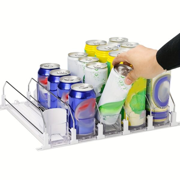 White Bar Refrigerator Beverage Organizer with Dual-Level Dividers and Soda Can Dispenser - Space-Saving Design for Easy Access to Cans and Bottles, Beverage Storage|Modern Beverage Holder|Durable Plastic