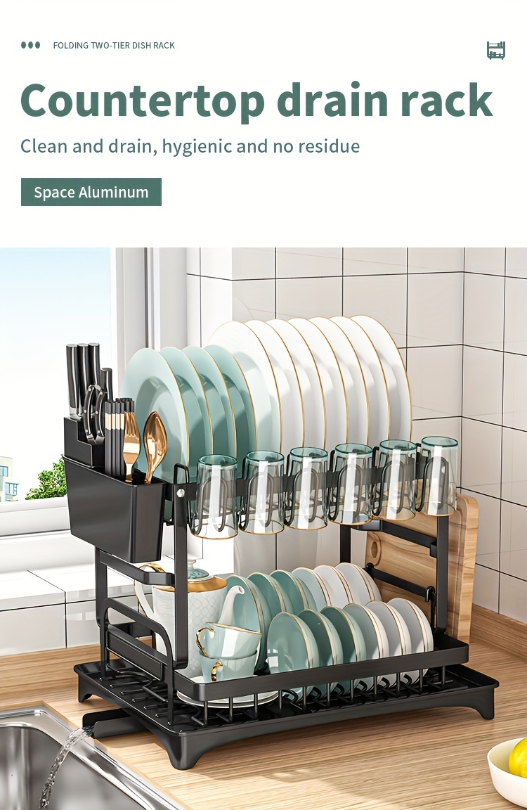 Spacious 2-Tier White Dish Rack with Blue Accents - Multipurpose Kitchen Counter Organizer with Drainboard, Cup Holder & Utensil Slot, Rust-Proof Metal, Space-Saving Design