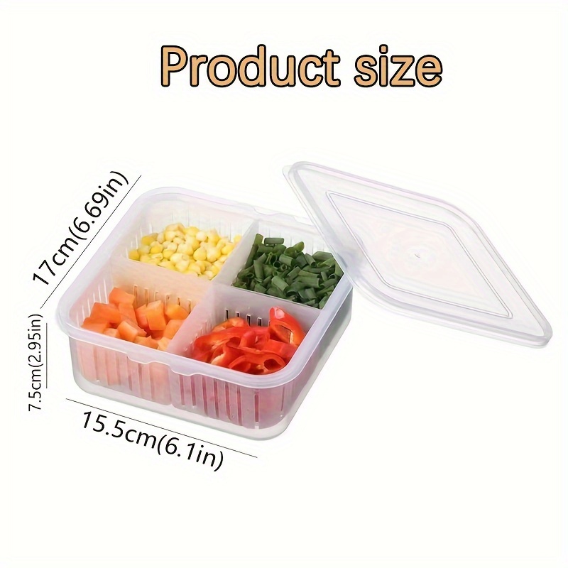 4-Compartment Food Storage Container with Drainage and Flip Top Lid, Hand Wash Plastic Multipurpose Organizer, Reusable Square Clear Partitioned Refrigerator Crisper with Detachable Sections for Salad, Fruits, Vegetables, Condiments