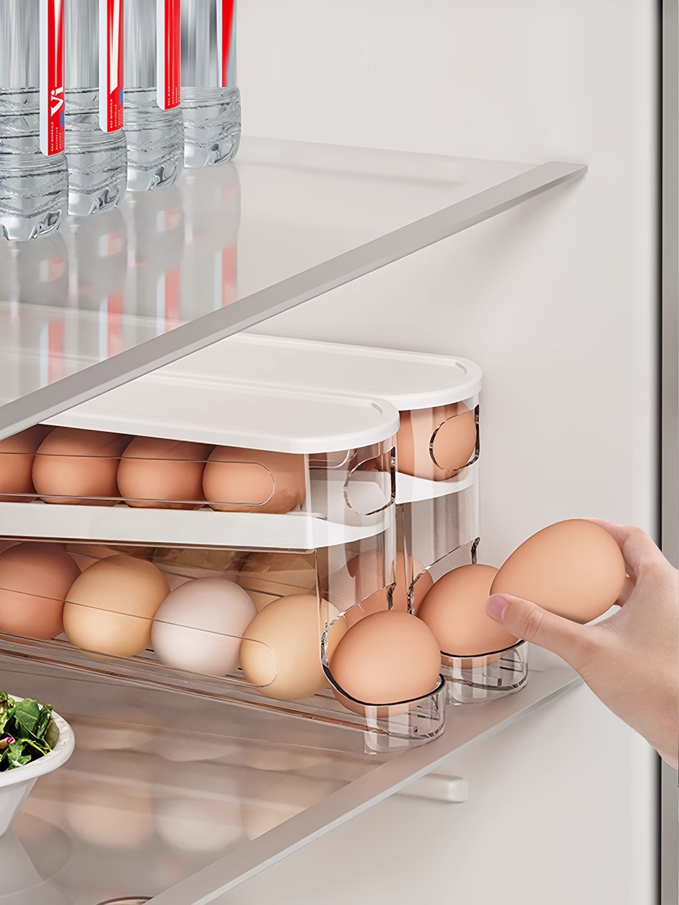 12-14 Eggs Automatic Double-Layer Sliding Egg Storage Container, Hinged Design, Fresh Egg Keeper, Plastic Material, Non-Contact with Food, with Refrigerator Space Saver Egg Rack for Kitchen