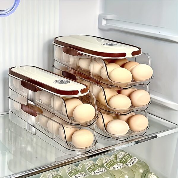 Space-Saving Multi-Layer Egg Dispenser - Automatic Rolling, Large Capacity Refrigerator Egg Storage Box with Basket