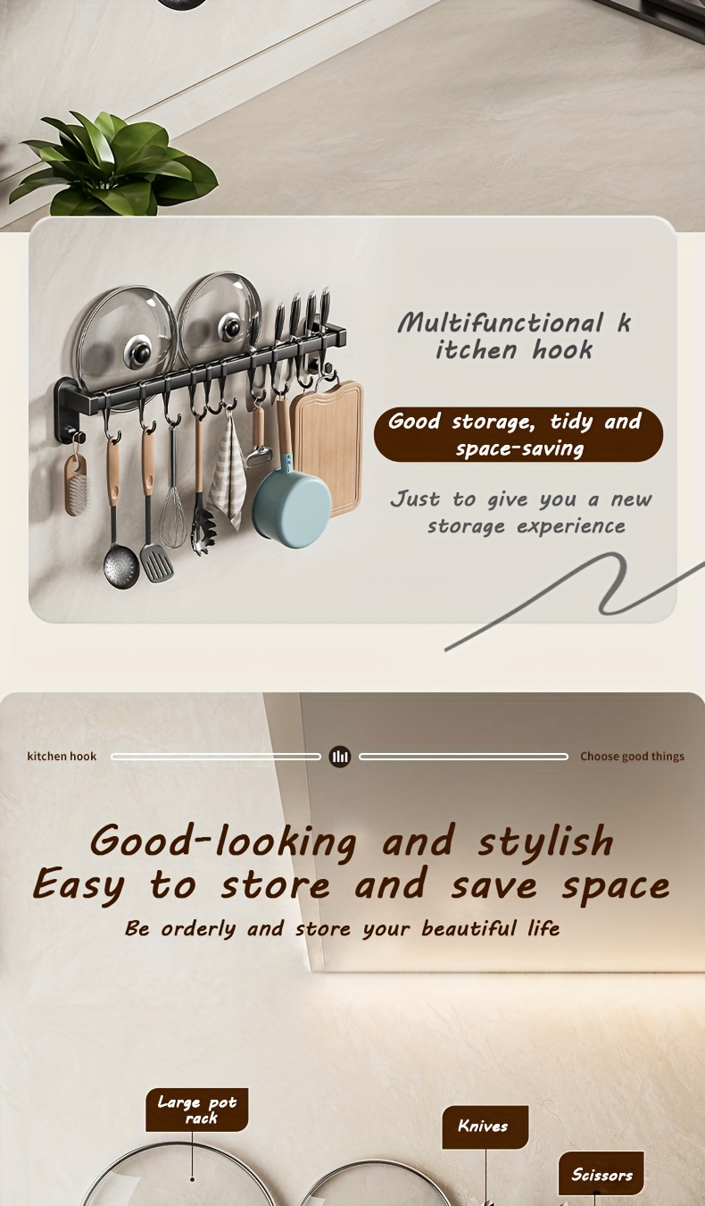 1pc Multifunctional Kitchen Storage Rack - Durable Plastic Wall-Mounted Organizer with Nail-Free Adhesive & Perforated Screws, Widened Raised Design for Utensils, Knives, Seasonings, Chopsticks, Rags - Space-Saving Kitchen Organization, Sleek Modern Look | Sturdy Construction, Kitchen Organizers And Storage