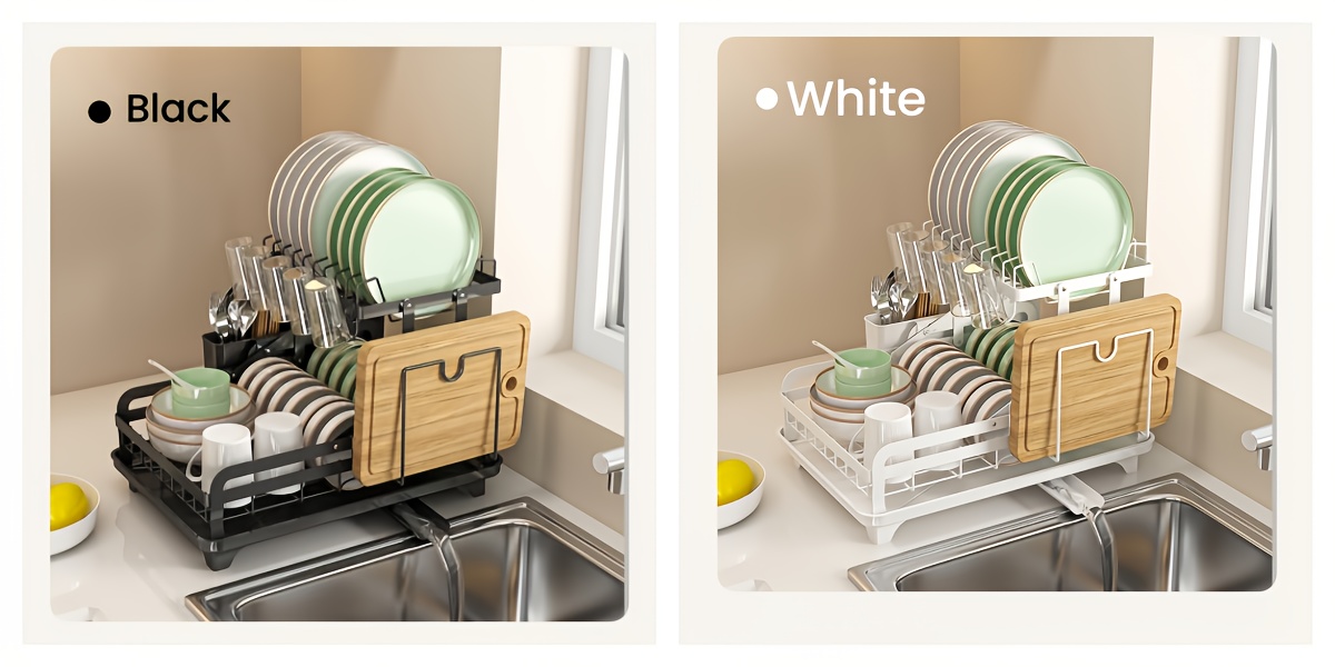 1pc Dish Drying Rack Drainboard, Large 2 Tier Metal Dish Racks with Drainage, Glass Holder, Utensil Holder and Extra Drying Mat, Dish Drainers for Kitchen Counter, Black, White& Grey