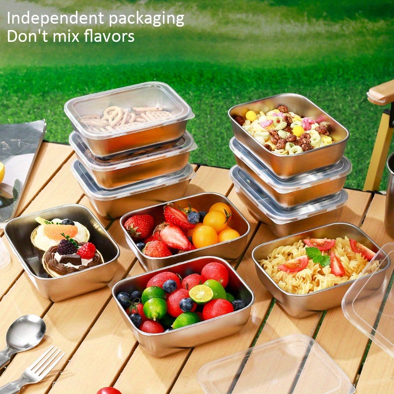 10pcs Stainless Steel Square Food Storage Containers with Flip-Top Lids - Reusable, Dishwasher Safe, Perfect for Fruits, Vegetables, and Meal Prep - Ideal for Kitchen and Outdoor Use, Outdoor Food Storage|Checkered Tablecloth|Durable Kitchenware