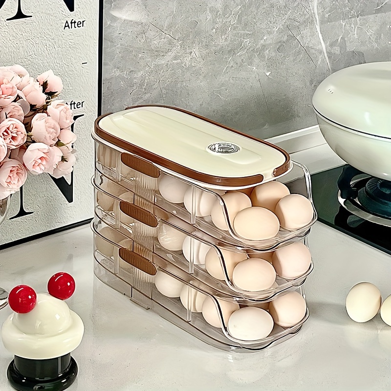 Space-Saving Multi-Layer Egg Dispenser - Automatic Rolling, Large Capacity Refrigerator Egg Storage Box with Basket
