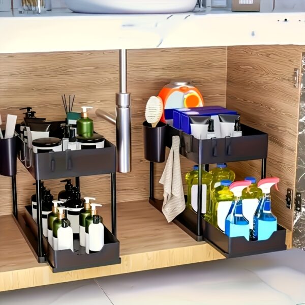 1pc Plastic Under Sink Organizers And Storage,Bathroom Organizer, 2-Tier Sliding Cabinet Basket Organizer With Hooks,Multi-Purpose Cabinet Organizer For Bathroom Kitchen