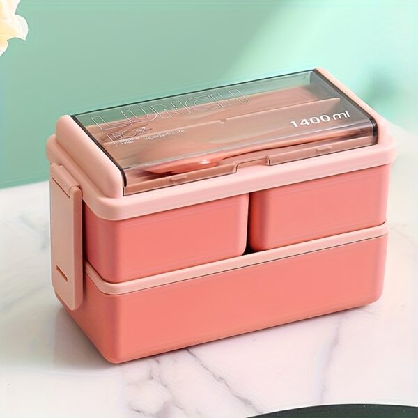 1pc Bento Boxes, Portable Double-Layer Lunch Box with Cutlery And Lid, Reusable Food Storage Container, for Students, Travelers And Office Workers, 19.3*9.4*12.45cm, Kitchen Supplies,Back to School