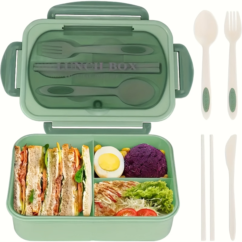 Practical and versatile, available in 4 colors. A leak-proof lunch box with utensils included - BPA-free, microwave-safe, featuring 3 compartments. Green silicone lunch container ideal for school, work, or outdoor dining | Secure locking lid,back to school