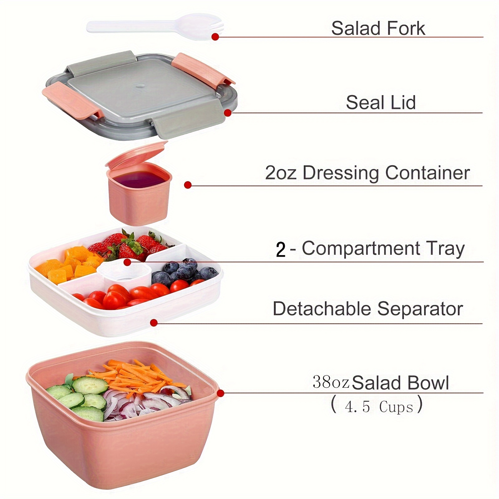 1pc Salad Box 1100ML, Portable Salad Lunch Container, 2 Compartments with Dressing Cup, Large Bento Boxes, Meal Prep to Go Containers for Food Fruit Snack,Back to School