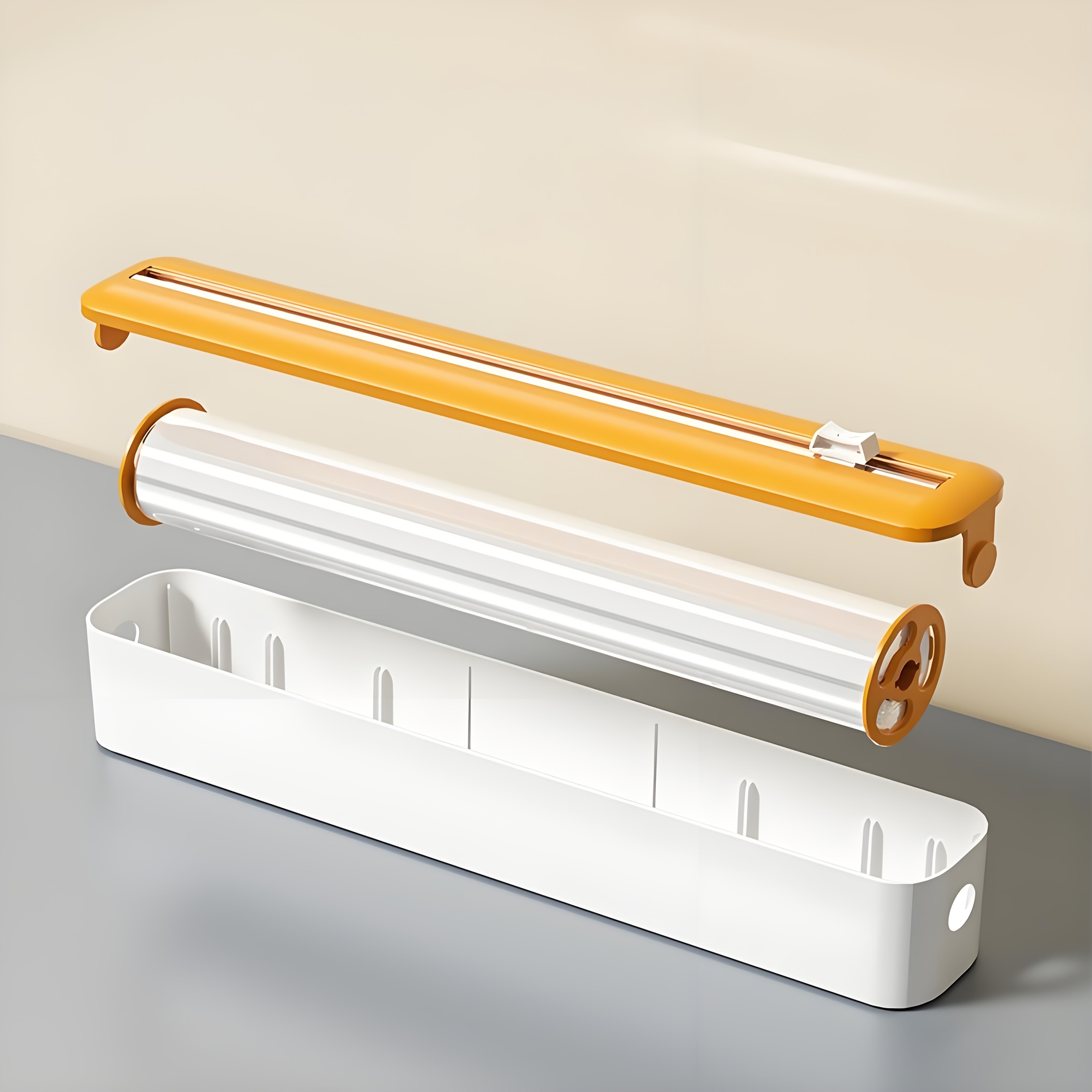 Dual-Action Fresh Wrap Dispenser & Cutter – Multi-Purpose Kitchen Sealer for Plastic, Tin Foil, Baking Paper & Wax Sheets – Reusable Packaging Machine with Orange Accents – Sleek White & Black Design, Kitchen Packaging Tool | Sleek Appliance Design | Durable Plastic Construction