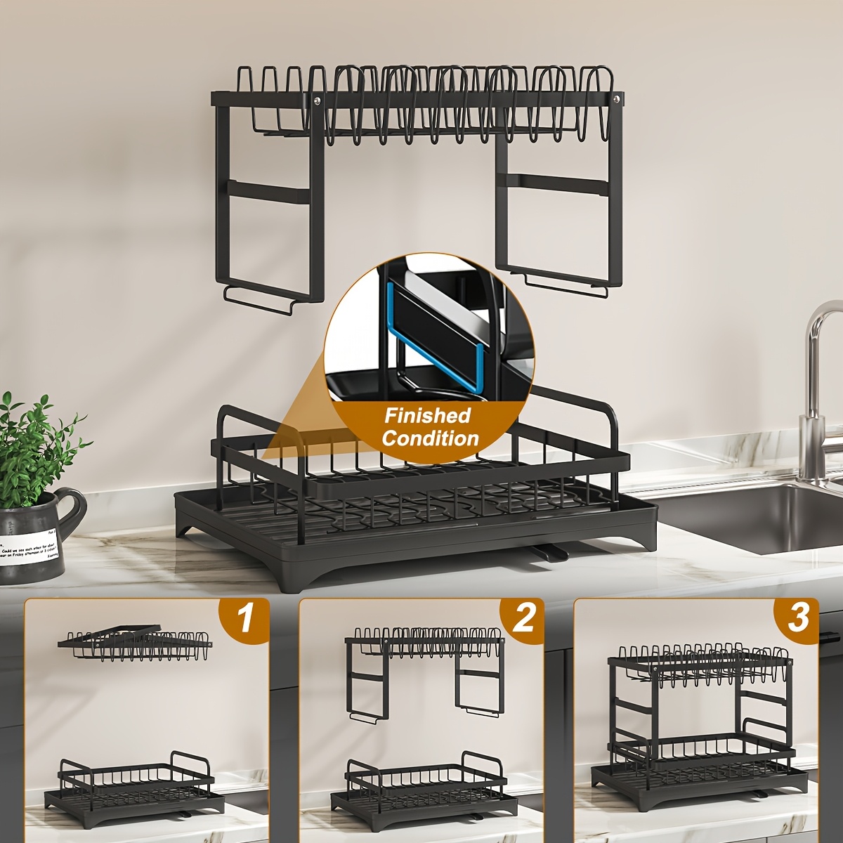 1pc Large Capacity 2-Tier Dish Drying Rack with Drainboard, Double-Layer Bowl & Cup Rack, Detachable Over The Sink Organizer for Kitchen Counter, Black & White - Ideal for Plates, Bowls, Cups & Cutlery Storage, Dish Drying Rack