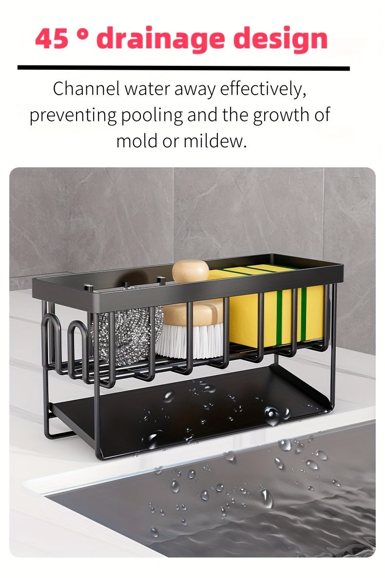 Versatile Kitchen Sink Organizer with Towel Rack - Metal Sponge Holder, Dish Soap Caddy & Self-Draining Tray - Black and White
