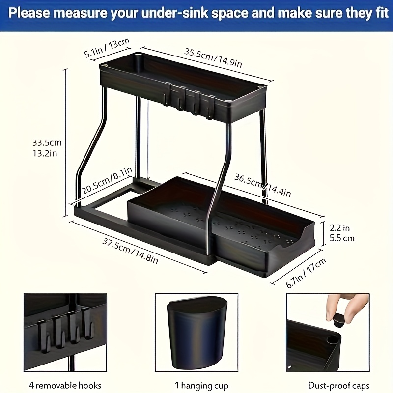 Two-Tier Black And White Under-Sink Storage Organizer with Sliding Drawers, Suitable for Various Uses in The Bathroom Or Kitchen.