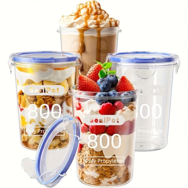 4pcs oat container, with blue sealing ring for leakage prevention, microwave-safe, reusable storage tank, suitable for kitchen coarse grain jars such as yogurt and fruit salad, ideal choice for breakfast and snacks