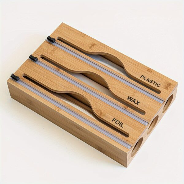 1pc Storage Box, 3 In 1 Bamboo Wrap Organizer With Cutter And Labels, Aluminum Foil Film Storage Dispenser, For Kitchen Drawer, Cabinet, Shelf And Counter, Kitchen Organizers And Storage, Kitchen Accessories