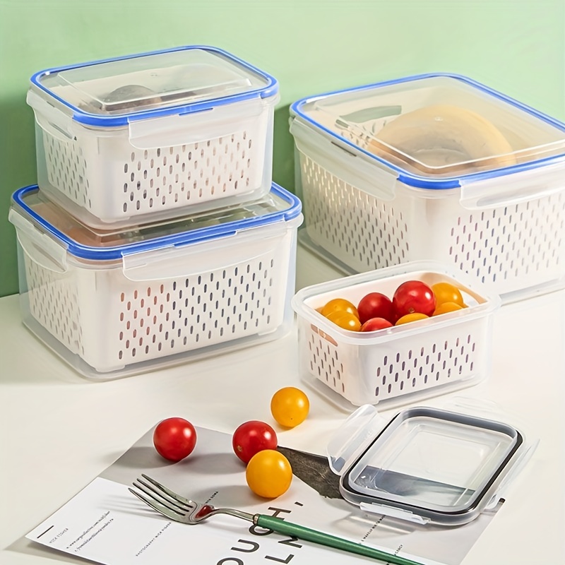 4pcs Double-Layer Draining And Fresh-Keeping Box, Specially Designed for Kitchen And Refrigerator Storage of Fruits And Vegetables.