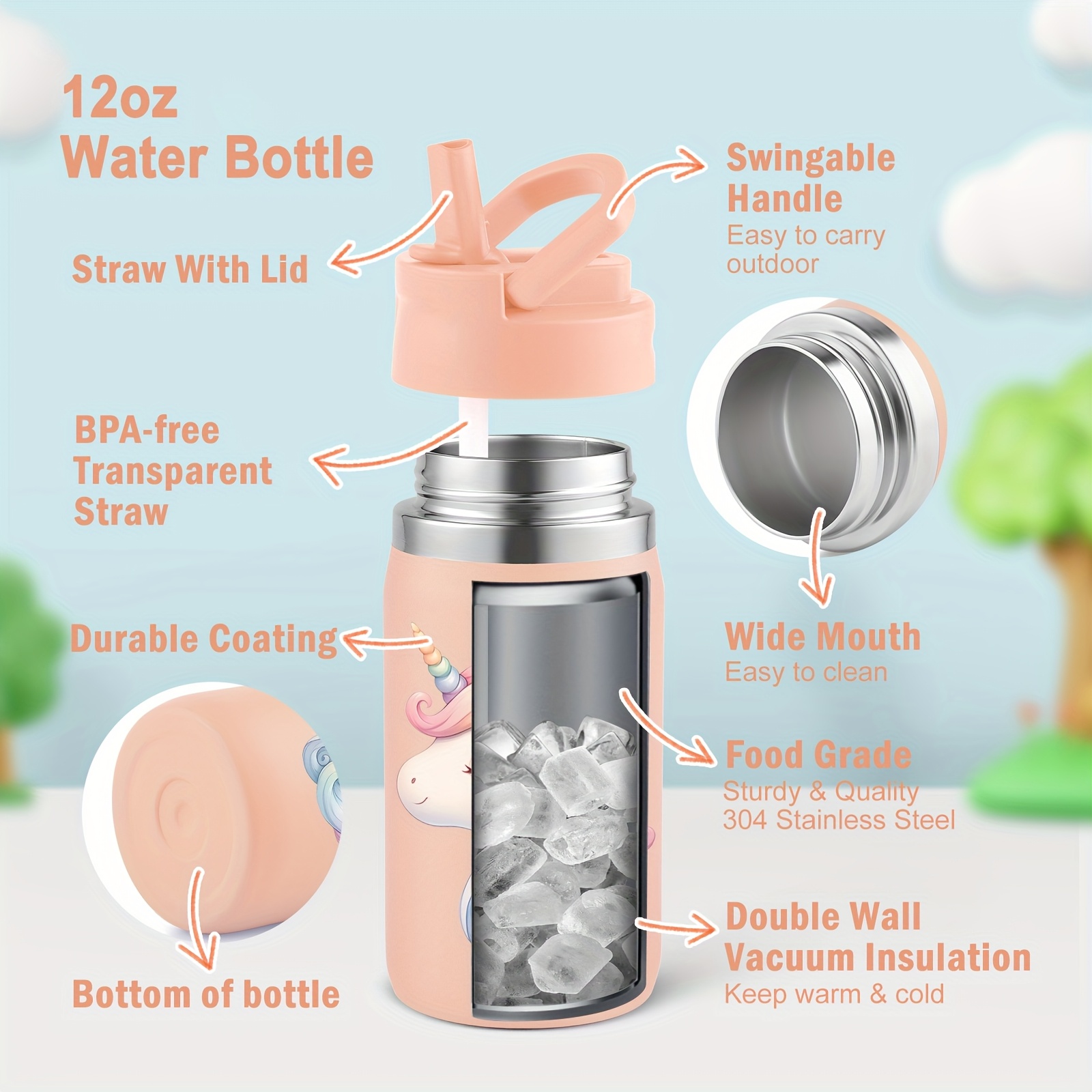 1-pack, Custom 12oz Double-Wall Stainless Steel Insulated Insulated Bottle Bottle with 3D Printed Unicorn Design for Back-to-School Season Gift
