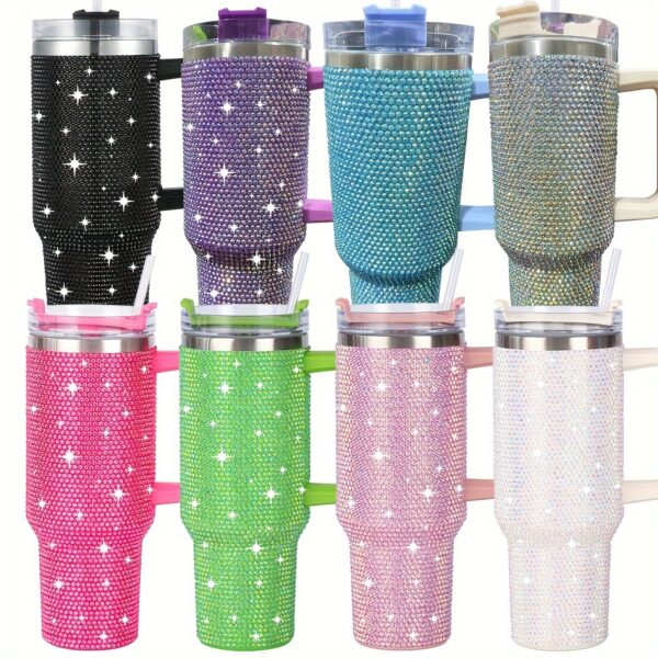 1pc Shiny Rhinestone 40 Oz Tumbler With Handle, Stainless Steel Insulated Travel Coffee Mug Double Wall Leak Resistant Vacuum Tumbler With Straw Portable Tumbler, Summer Drinkware, Home Kitchen Items, Birthday Gifts Back To School Supplies