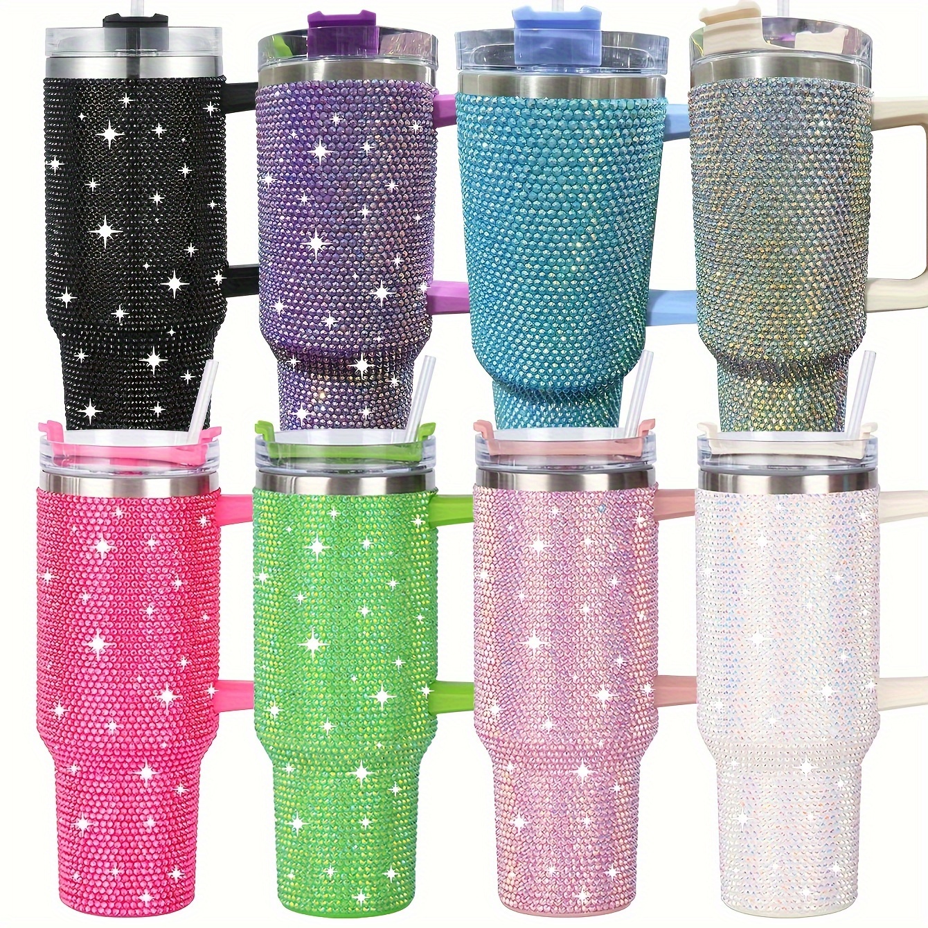 1pc Shiny Rhinestone 40 Oz Tumbler With Handle, Stainless Steel Insulated Travel Coffee Mug Double Wall Leak Resistant Vacuum Tumbler With Straw Portable Tumbler, Summer Drinkware, Home Kitchen Items, Birthday Gifts Back To School Supplies