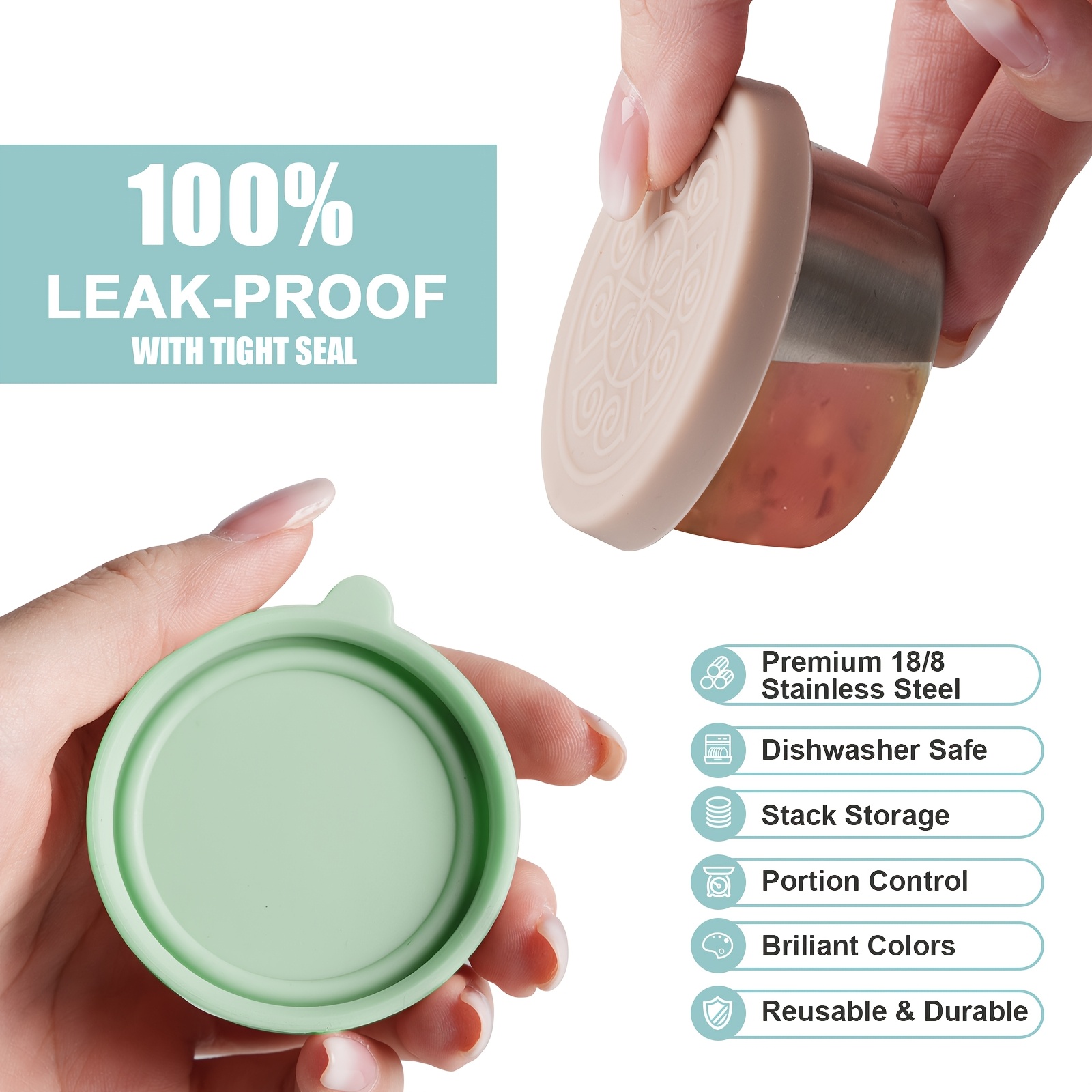 2/6x1.6oz Salad Dressing Containers with Lids, Small Leakproof Reusable Stainless Steel Salad Dressing Container to Go for Lunch Boxes, Sauce containers, Picnics, Travel Meal Prep And Kitchen Storage